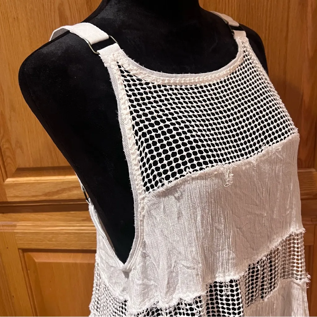 Free People Snap Out of It Raw Edge Crochet Mesh Inset Tank Top Mini Dress White - Image 3