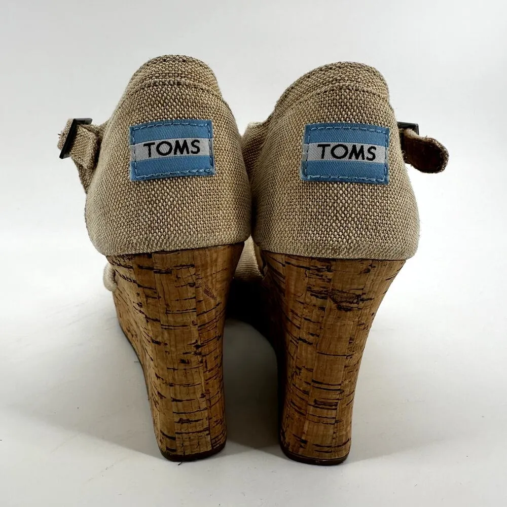 TOMS Sienna Cork Wedge Sandals Crisscross Strap Classic Ankle Canvas Beige 12 - Image 6