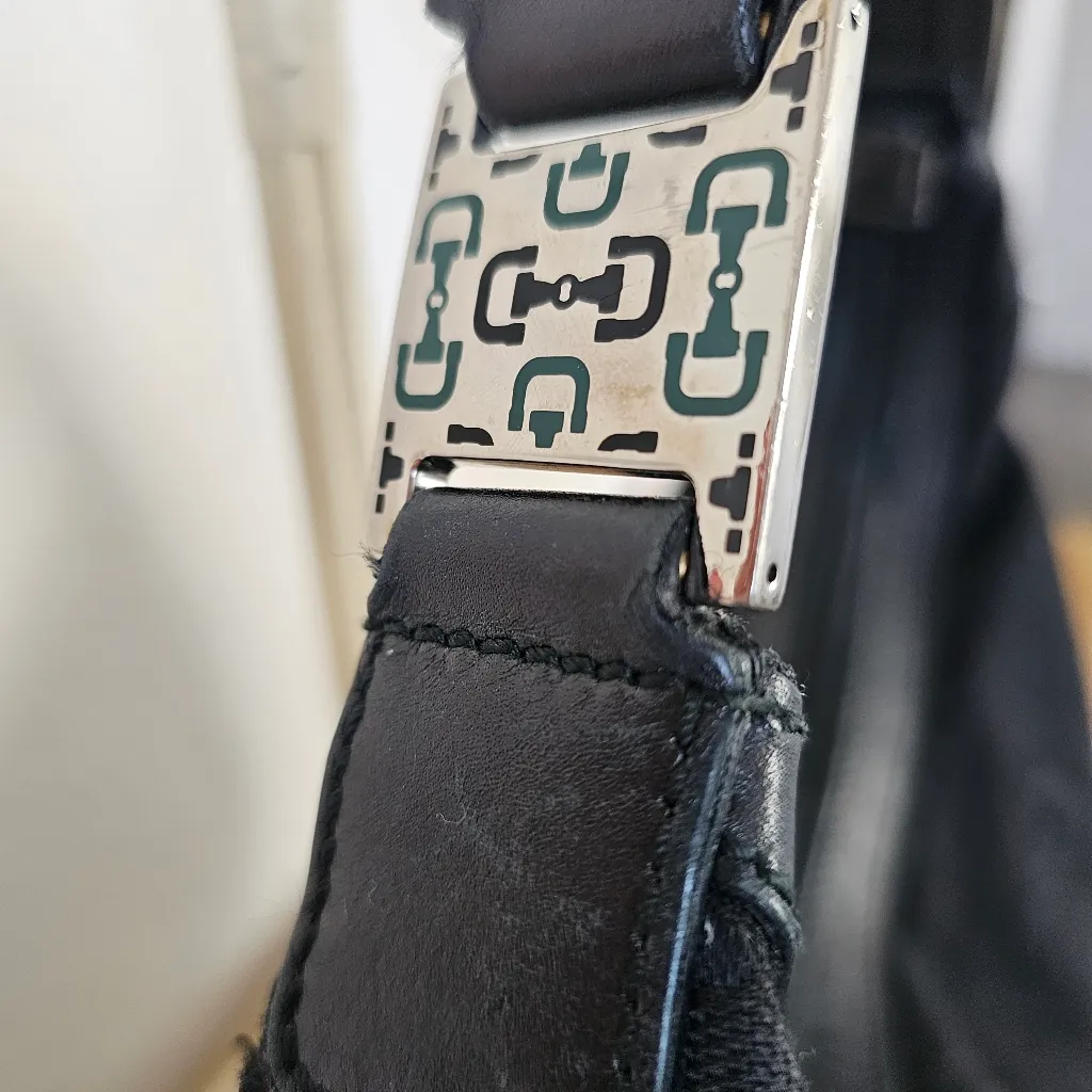 GUCCI Handbag Rare Horsebit Jacquard Canvas Black Green Stripe Bag purse - Image 4