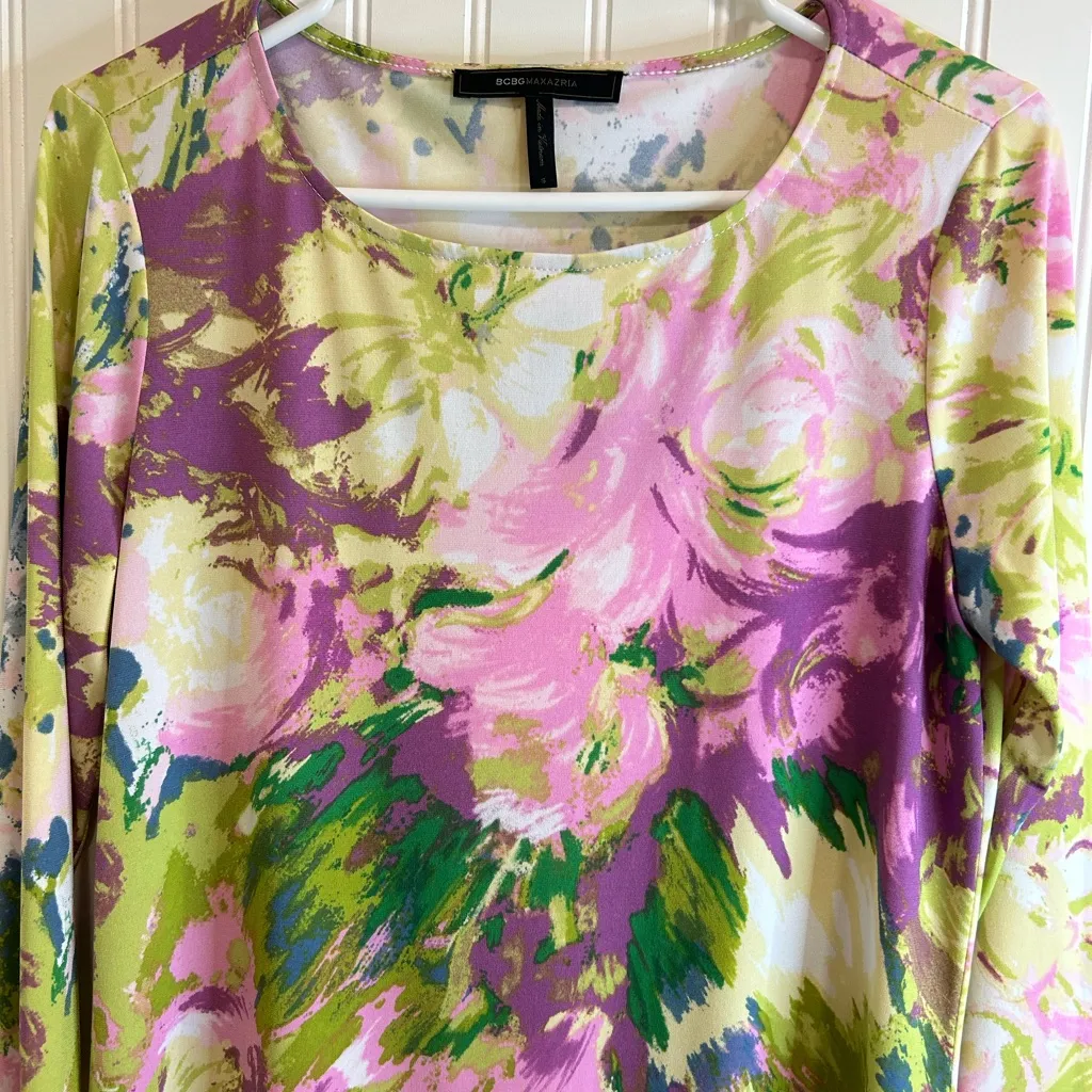 BCBGMaxAzria women Pink and Green Floral Long Sleeve Dress. - Image 3