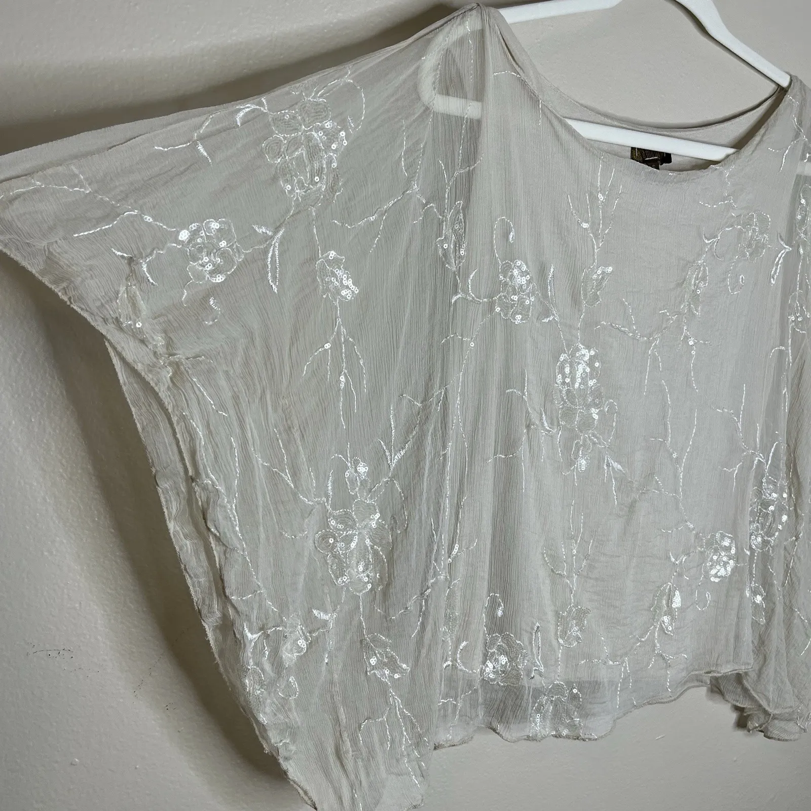 Womens Top Bat Wing Sequin Floral Y2K Twee Silk Bridal Boho S 90s - Image 4