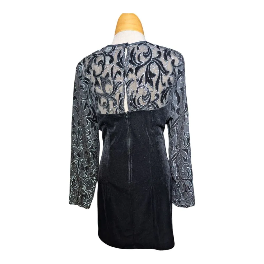 Vtg 1990s California Looks Black Velvet Sheer Damask Sleeve Mini Dress Sz 12 - Image 3