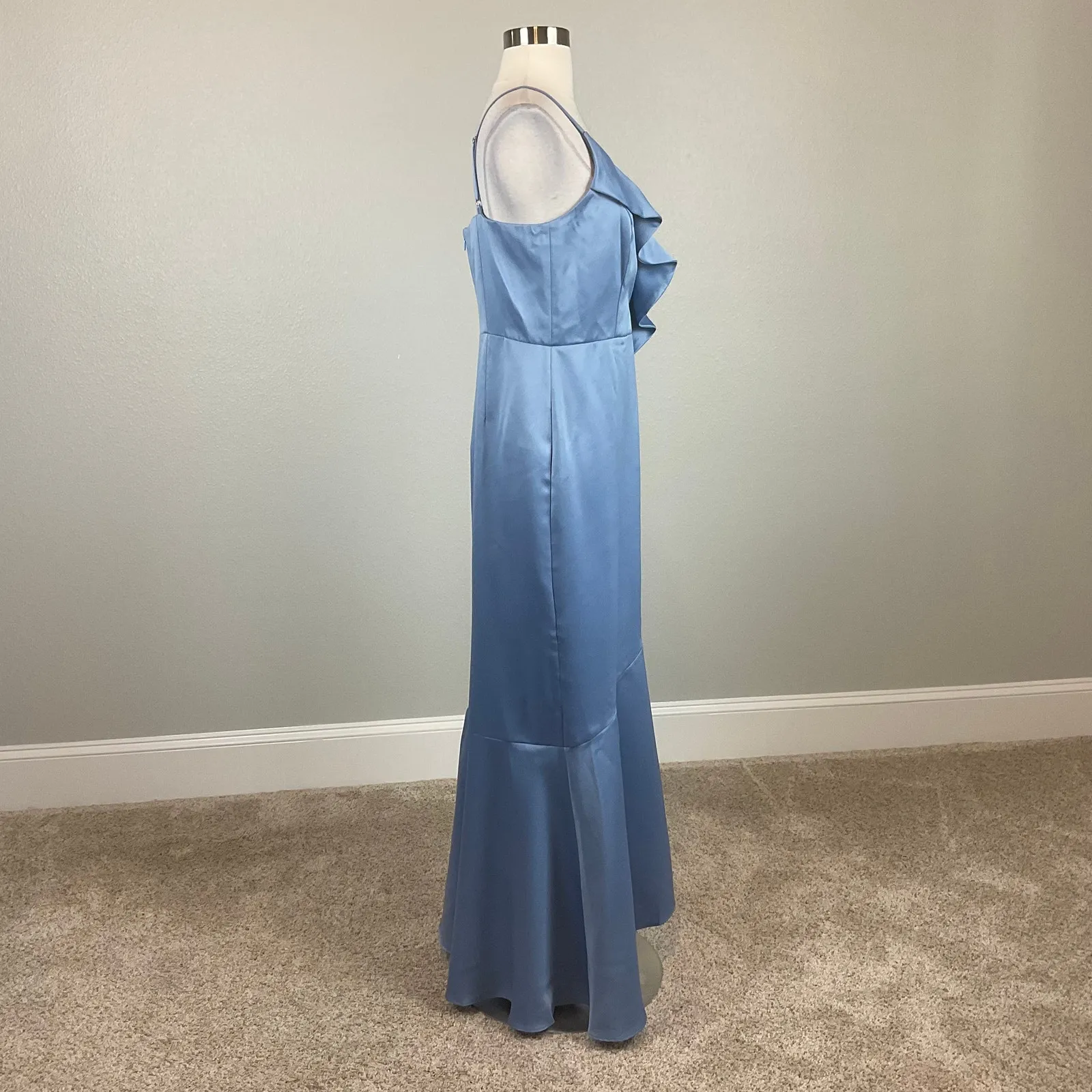 DKNY Satin Ruffled Sleeveless High Low V-Neck Evening Gown Blue Size 16 Dress - Image 6