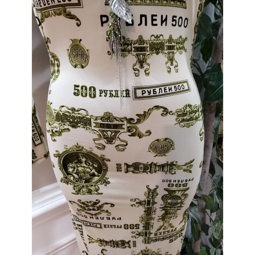 Women's White Green Graphic Print Cut Out Mock Neck Long Sleeve Maxi Dress Small - Image 4