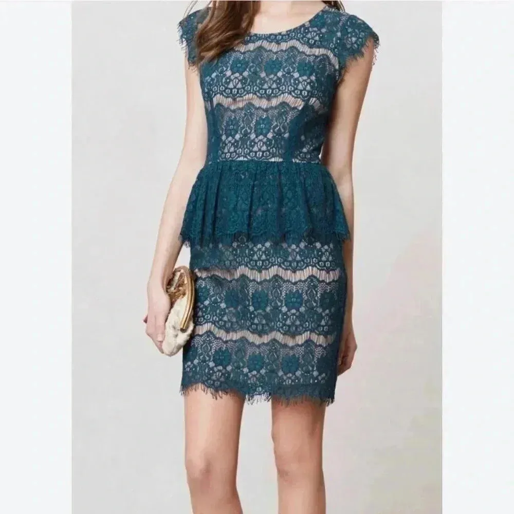 Anthropologie Maeve Elsa Green Lace Overlay Peplum Dress Size Small - Image 7