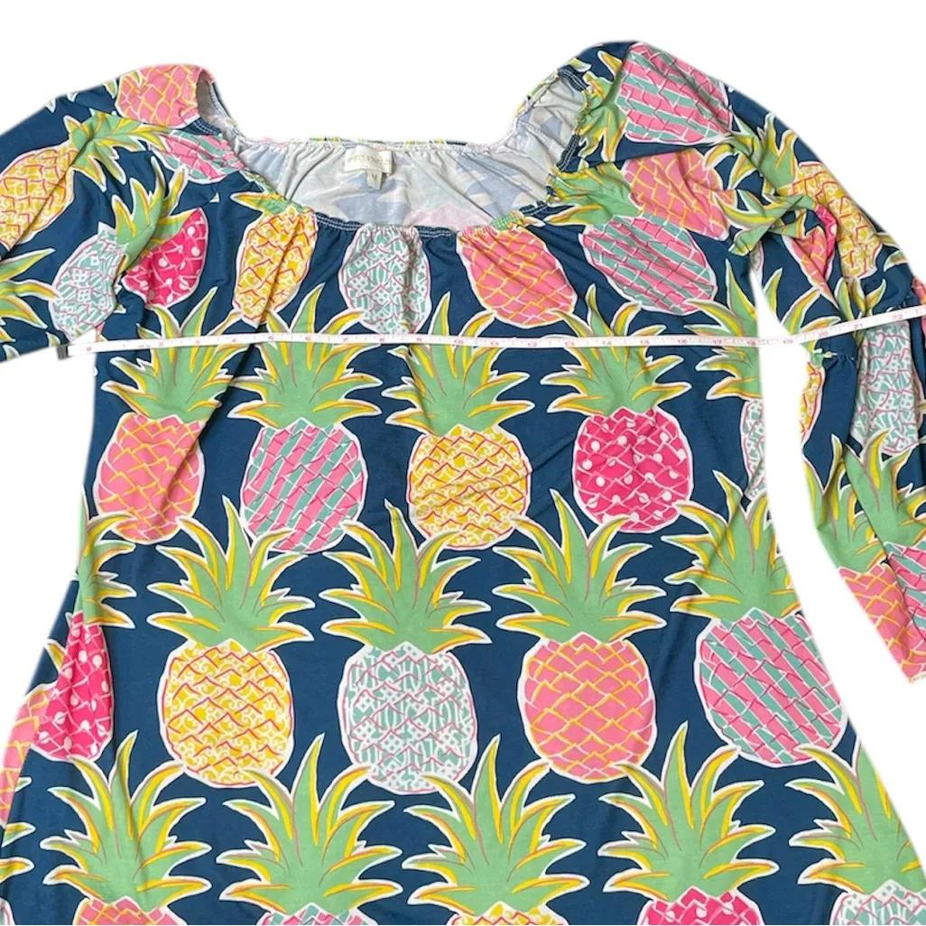 Simply Southern Colorful Pineapple Print Dress w Bell Sleeves Elastic Scoop Neck - Image 3