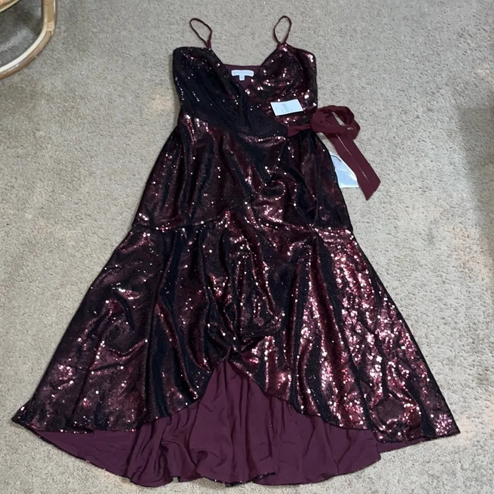 Dress The Population Ulla Sequin Wrap High Low Asymmetric Ruffle Dress‎ Port S - Image 4