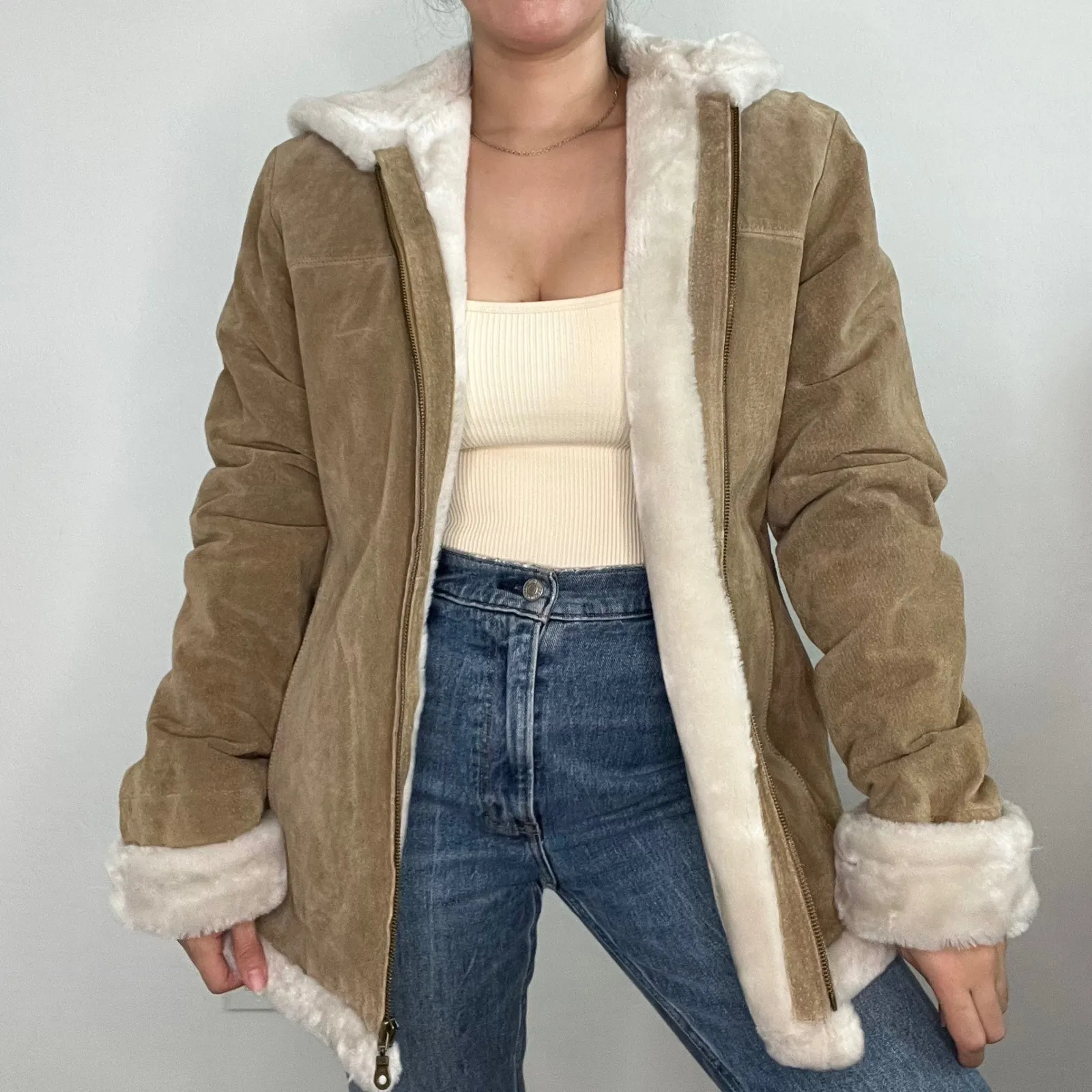 Adler Collection Suede Sherpa Lined Hooded Jacket Coat Size M Full Zip Brown Size M - Image 2