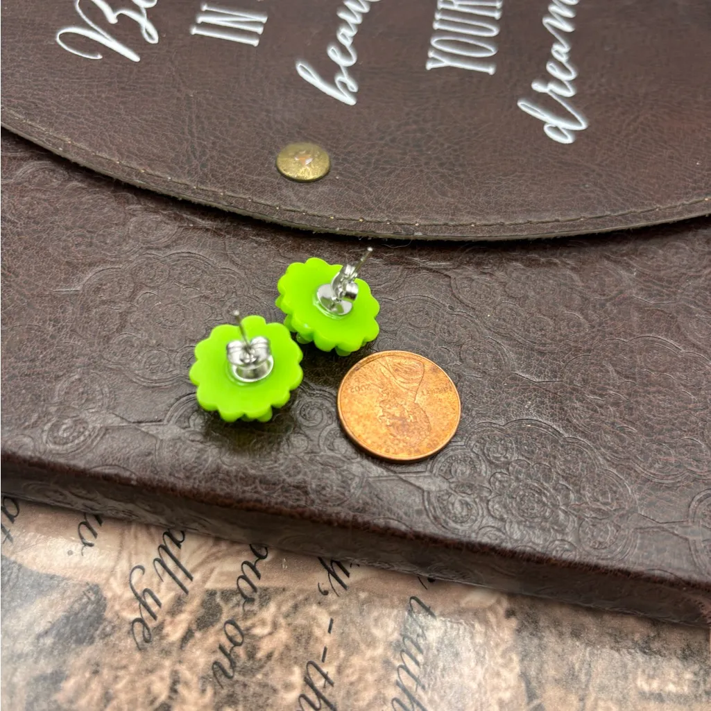 Green Mini Mum Flower Stud Earrings | New Floral Jewelry | Glitter Studs - Image 4