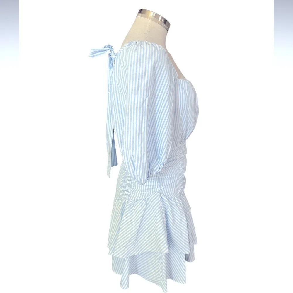 EHB Tiers To Me Light Blue Puff Sleeve Tiered Skater Mini Dress Size Small NWOT - Image 3
