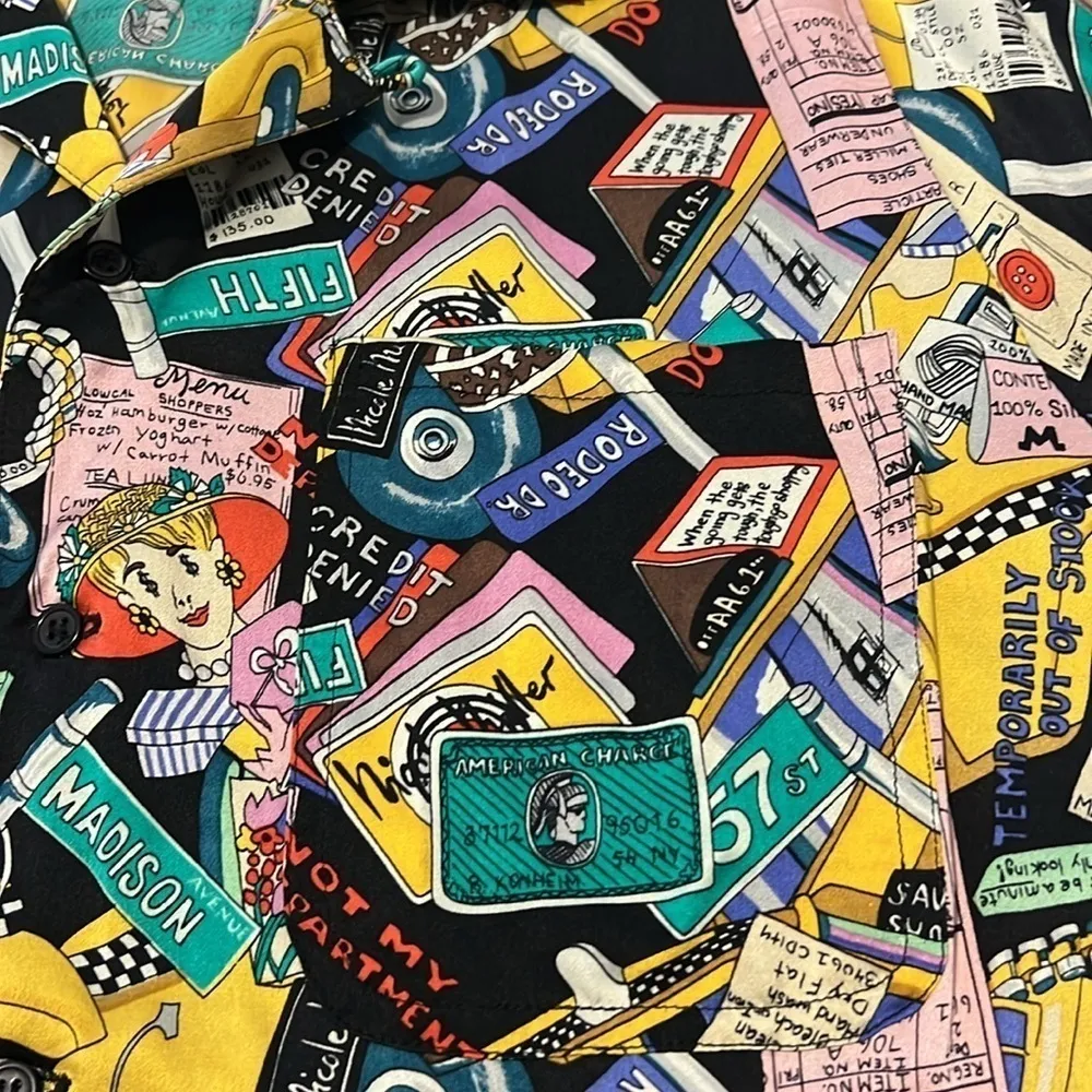 Vintage Nicole Miller 1990 Limited Shopaholic Print Silk Button Down NYC Shirt - Image 15