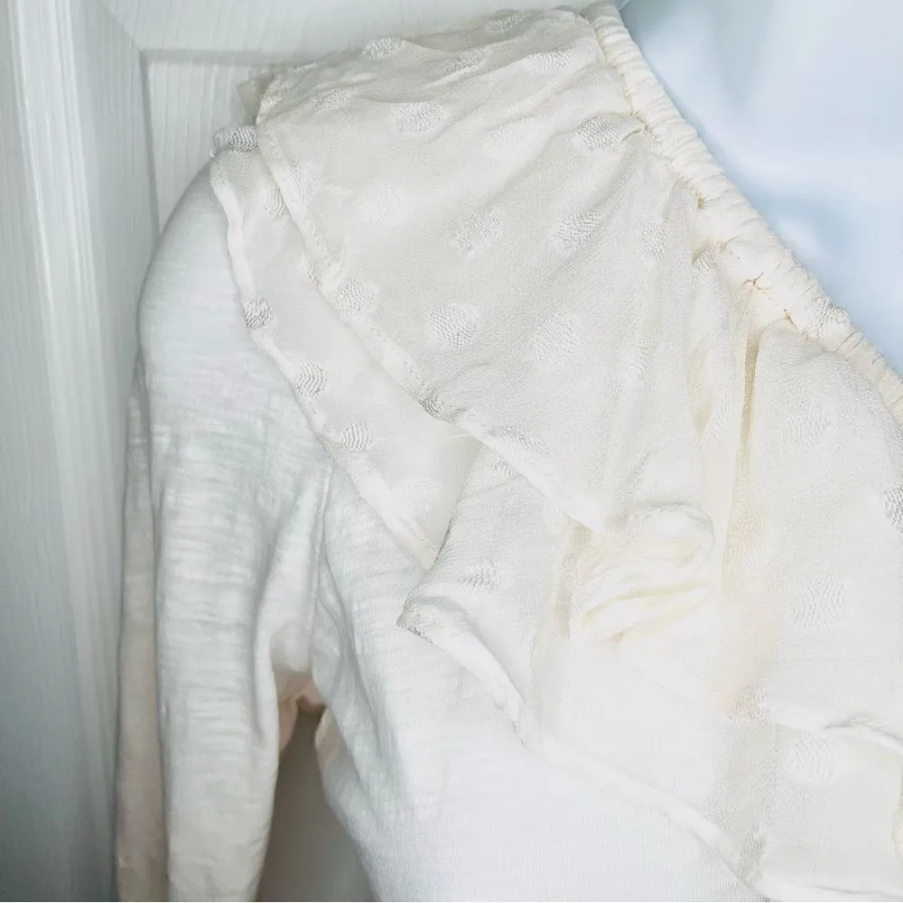 Anthropologie Sheer Polka Dot Ruffle One Shoulder Top Cotton Long Sleeve Cream L - Image 6