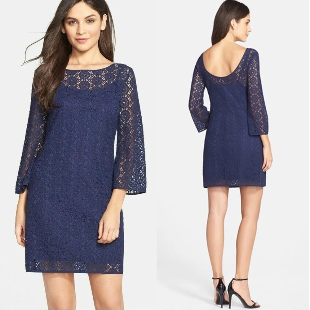 Lilly Pulitzer • Topanga Crochet Dress knit Breakers Lace bell sleeve True Navy - Image 2