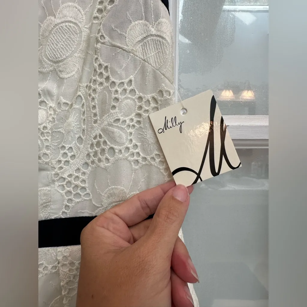 MILLY Carolina Lace Dress Silk Lining Ecru Navy Trim Floral Overlay Size 8 NWT - Image 12