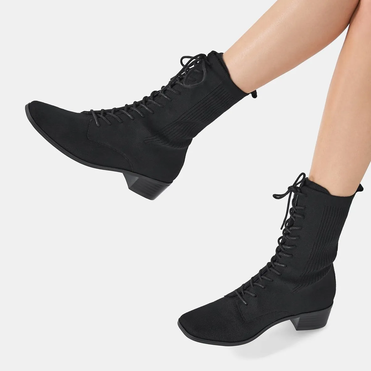 Vivaia Tammy Minimalist Combat Casual Knit Comfort Slim Lace Up Boots Black 7 - Image 9