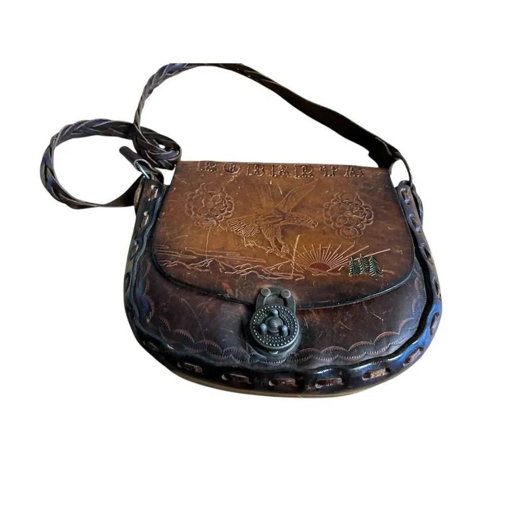 Roberta Vintage Brown Tooled Leather Saddle Bag Purse Floral Design Brown - Image 2