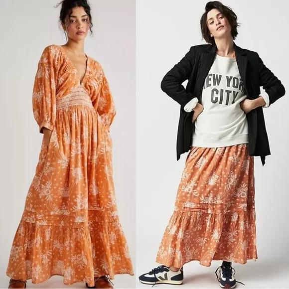 Free People Golden Hour Maxi Dress Bohemian Floral Dainty Tan Sand Neutral XS - Image 2