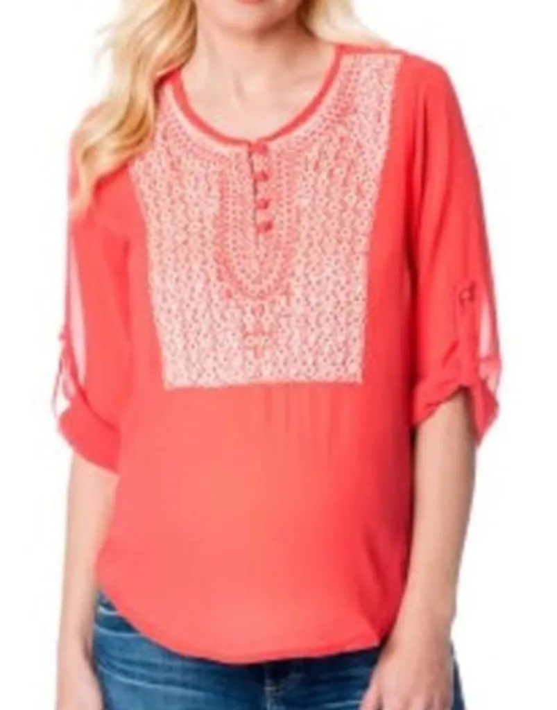 COLLECTIVE CONCEPTS STITCH FIX Coral Orange Red Embroidered 3/4 Sleeve ? Blouse - Image 1
