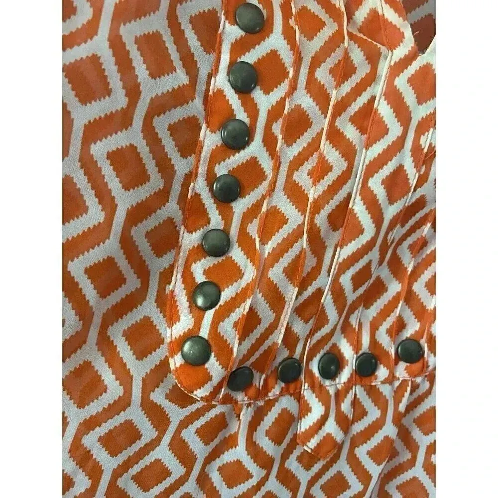41 Hawthorn Womens Shirt Geometric Semi Sheer Stud Vneck Orange White Size Small - Image 2