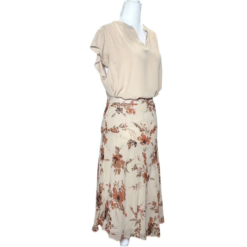 Banana Republic 100% Silk 2006 Floral Midi Skirt 4  Asymmetric Beige Ruffled Hem - Image 4