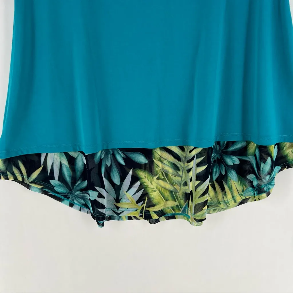 Antthony Teal Stretchy Liquid Knit Floral Leaf Print Mesh Sleeves Hem Tunic‎ Blue Size M - Image 11