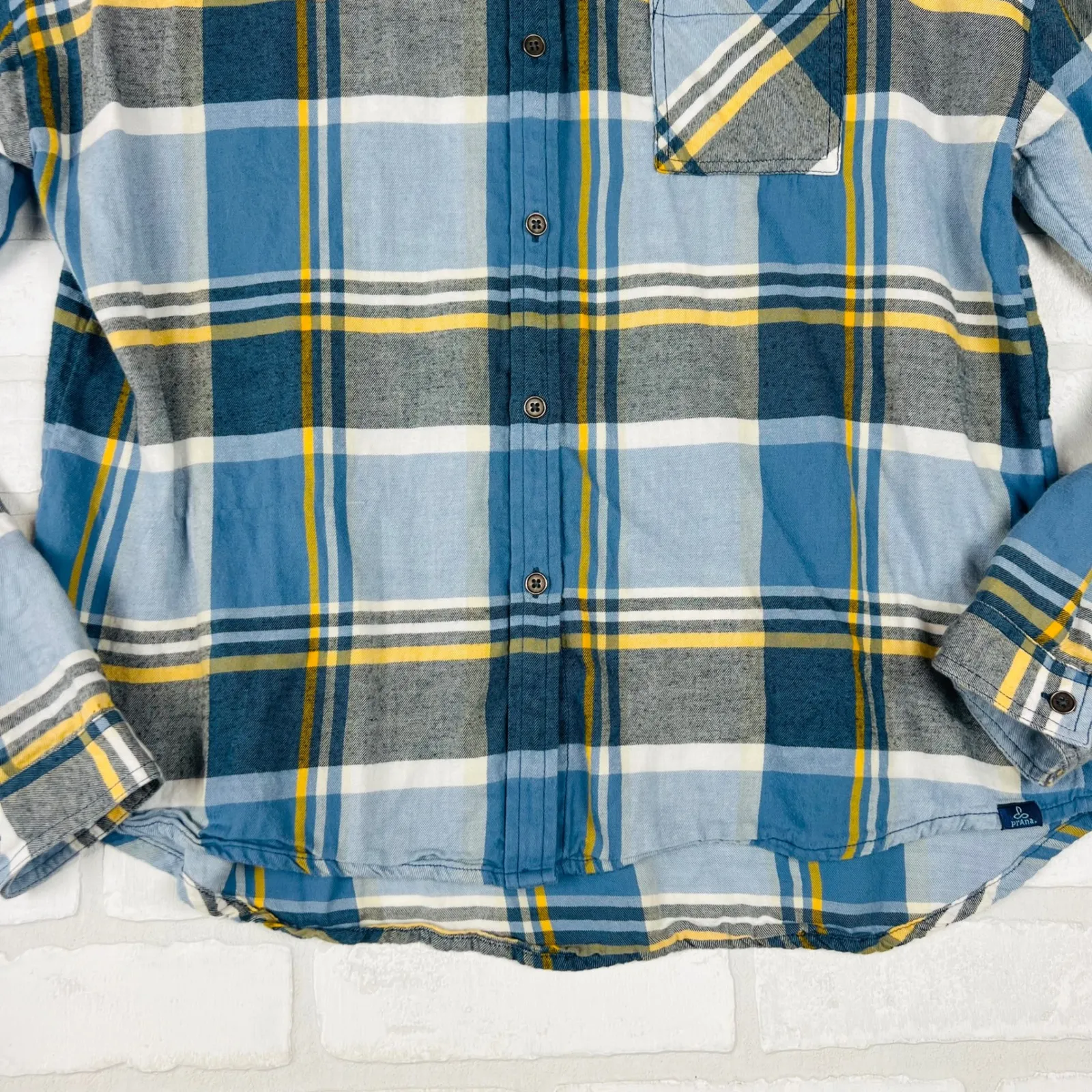 Prana Womens Button Down Plaid Flannel Shirt Long Sleeve Blue Yellow Large - Image 2