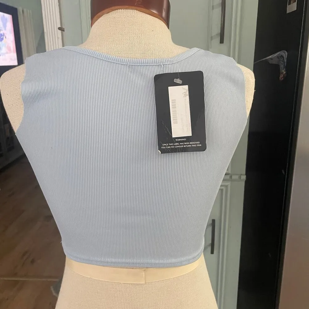 Pretty Little Thing Blue Ribbed Cut Out Cropped Top Size 4 NEW - Image 5