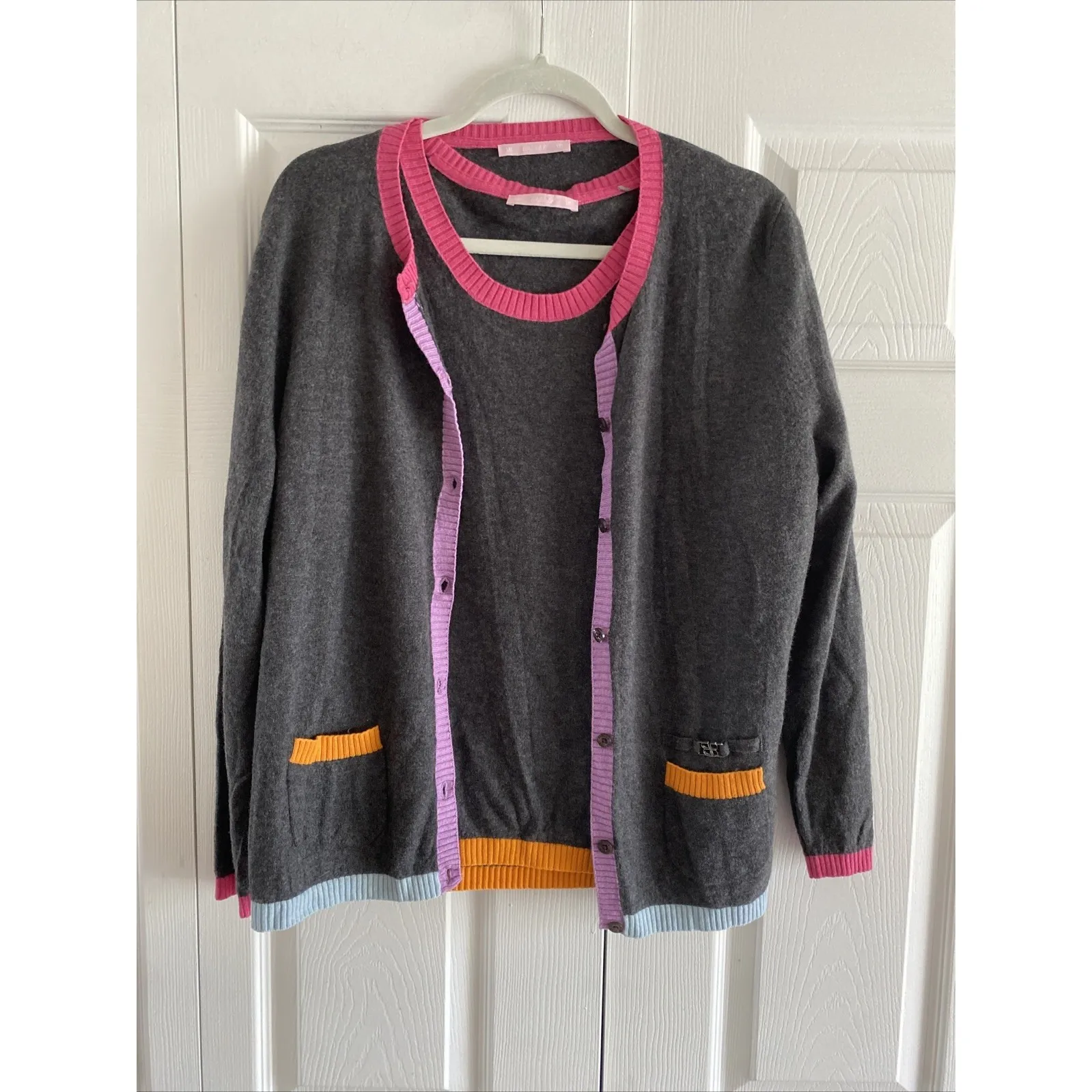 Basler Womens EU46 Gray Caridgan Sweater Set Pink Cashmere Wool Set Preppy Size XL - Image 6