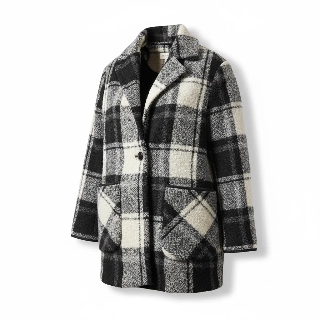 Everly Plaid Fuzzy Jacket Black White Button Front Collared Coat Size M - Image 4