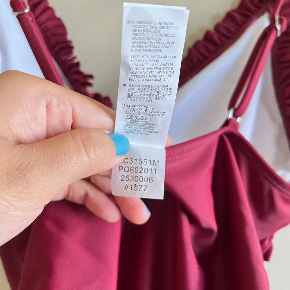 CUPSHE Solid Wine Red Ruffled Trim One-Piece Swimsuit Sexy V-neck Straps Women S - Image 7