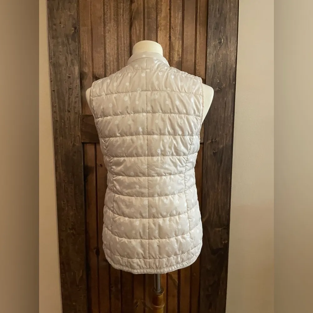 CHICO'S QUILTED VEST SIZE 0 SMALL LACE TRIM DETAILS NEUTRAL BEIGE POLKADOTS - Image 3