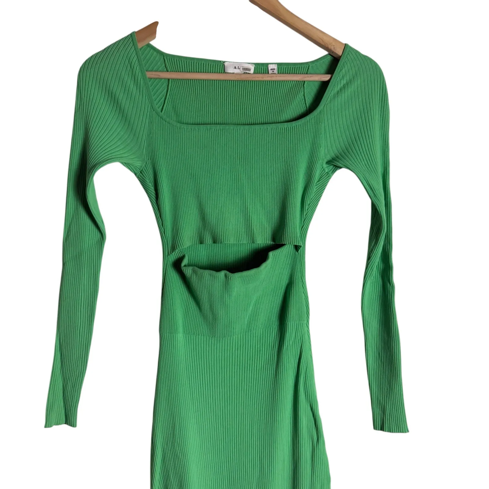 A.L.C. Clara Green Long Sleeve Square Neck Rib Knit Asymmetrical Midi Dress XS - Image 6