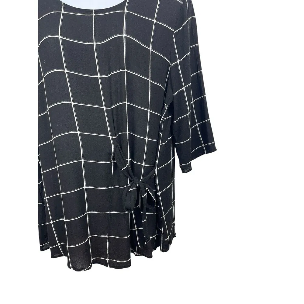 J Mode Black Plaid Light Weight Semi Sheet Rayon 3/4 Sleeve Side Tie Top 3X - Image 4