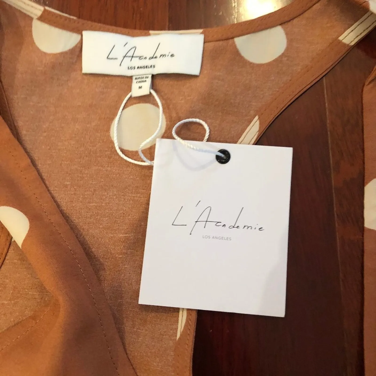 NEW Revolve Midi Dress Tan Polka Dot - Image 5