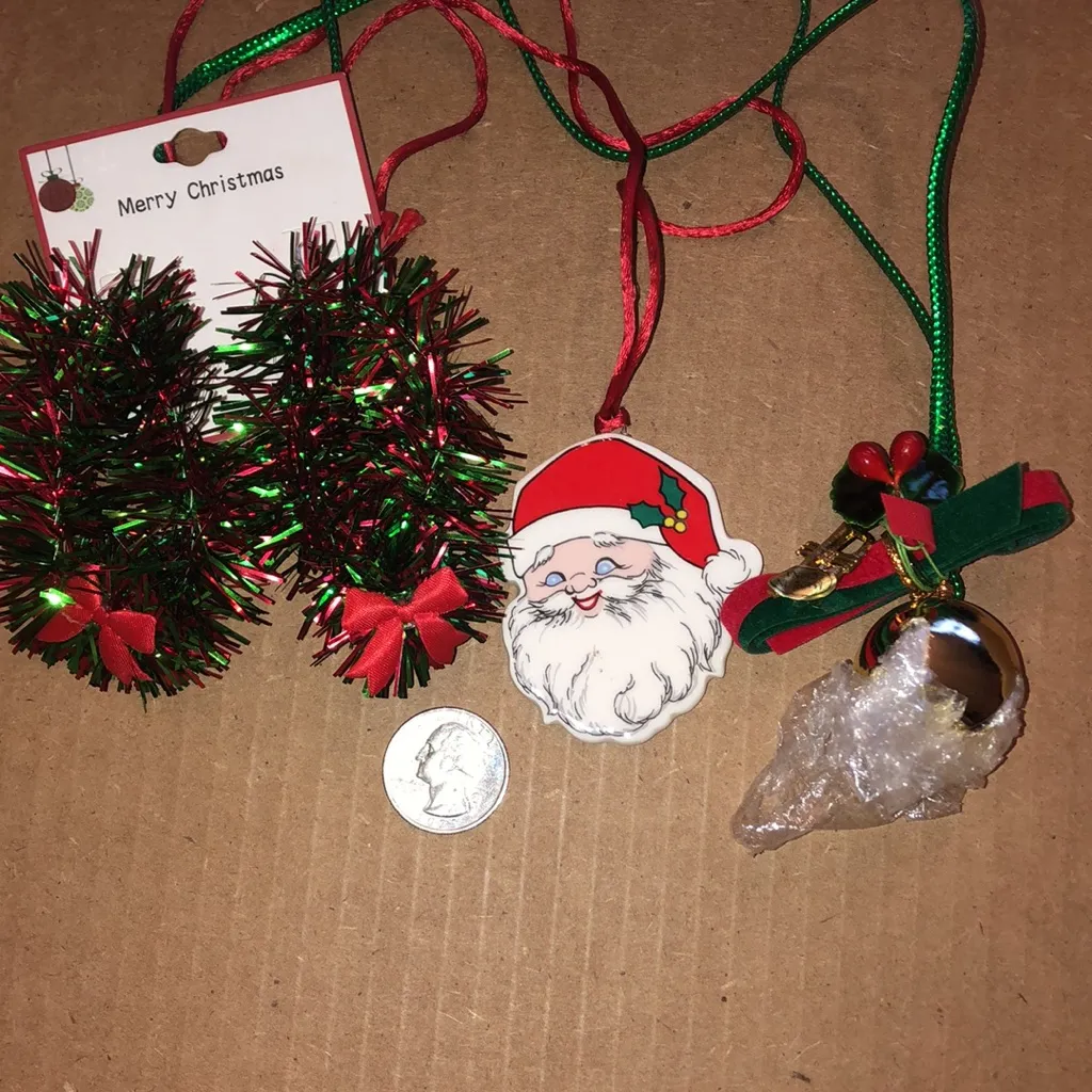 Festive Christmas Holiday Santa Jingle Bell Necklace Tinsel Earrings Jewelry Set Red - Image 4