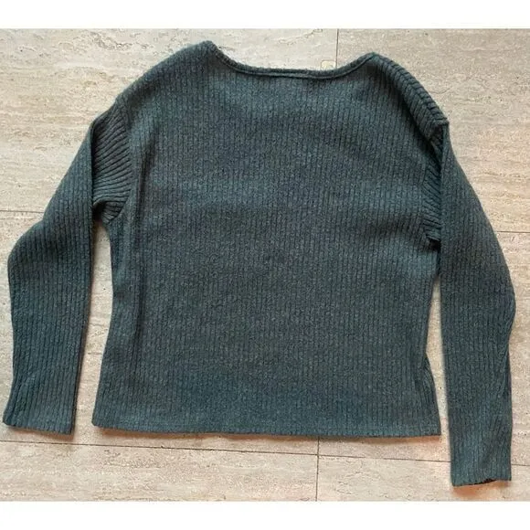 Enough about me Ribbed Green gray Cropped Sweater Chest Pocket Long Sleeve Top - Image 5