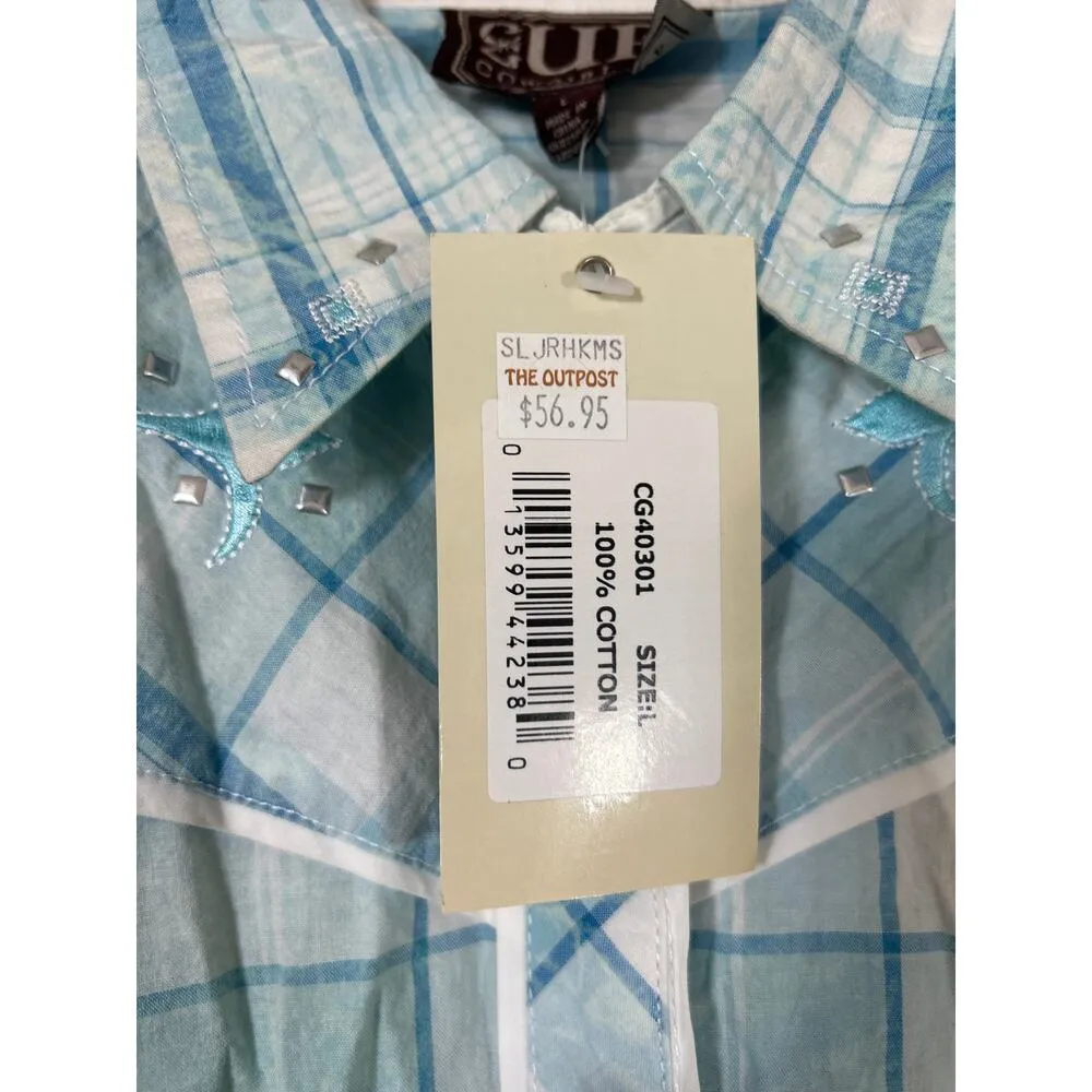 Cowgirl Up Pearl Snap Large NEW Blue Plaid Embroidered Studded Western - Image 8