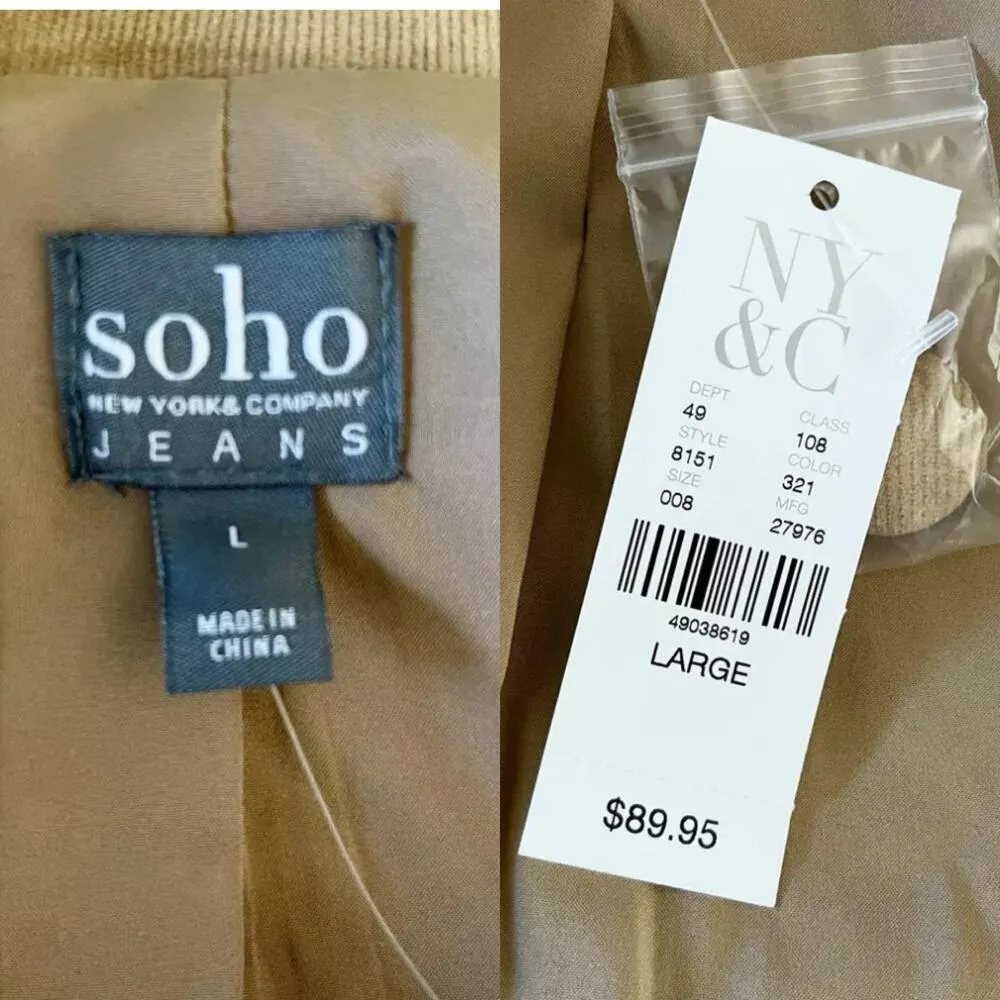 Soho Jeans NY & Company Corduroy Blazer Tan Large New - Image 6