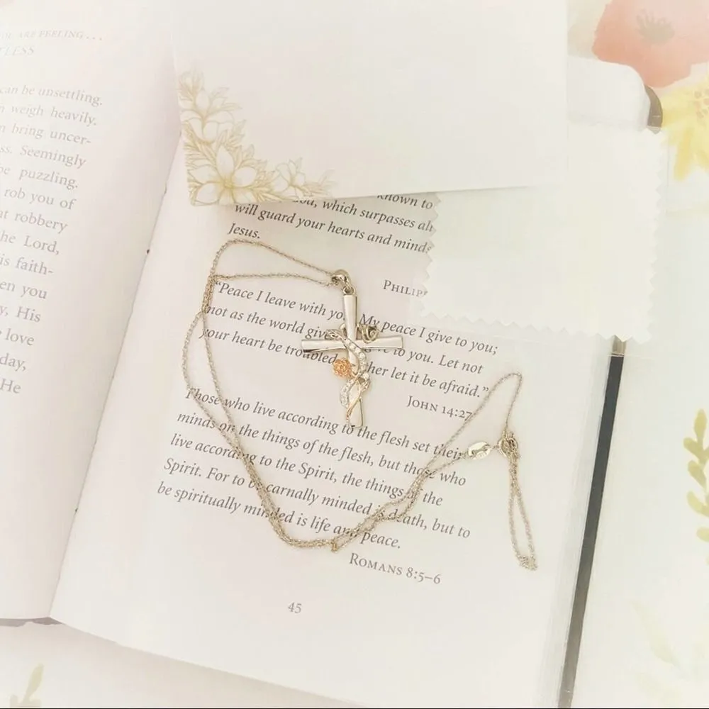 Flower Wrapped Sterling Silver Cross Two Toned Necklace Silver - Image 2