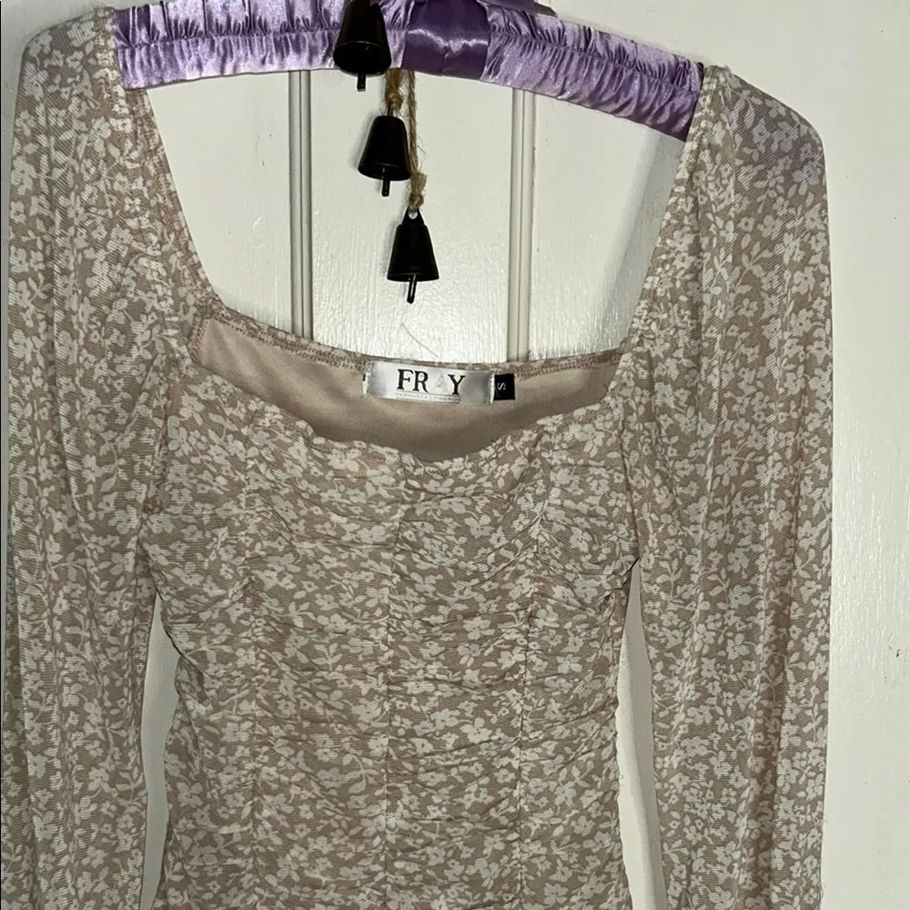 Frye Tan and White Smocked Bodysuit with Long Sleeves - Image 2