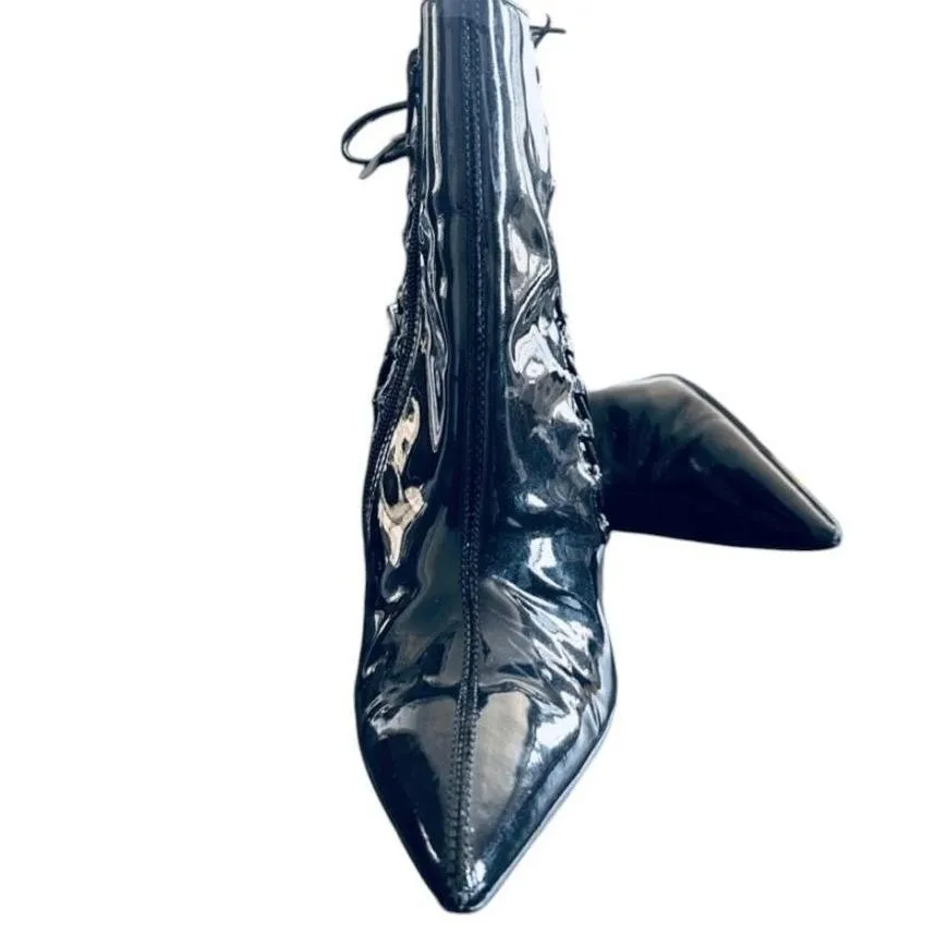 Carlos Santana Black Ankle Boots  Pointed Toe Stiletto Heel Patent Lace-Up Croc - Image 4