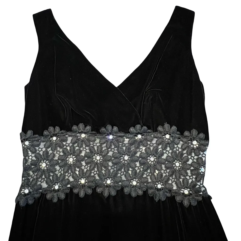 Vintage 60s Black Velvet Hostess Glam Evening Dress Size 12 Floral Lace Cocktail - Image 4