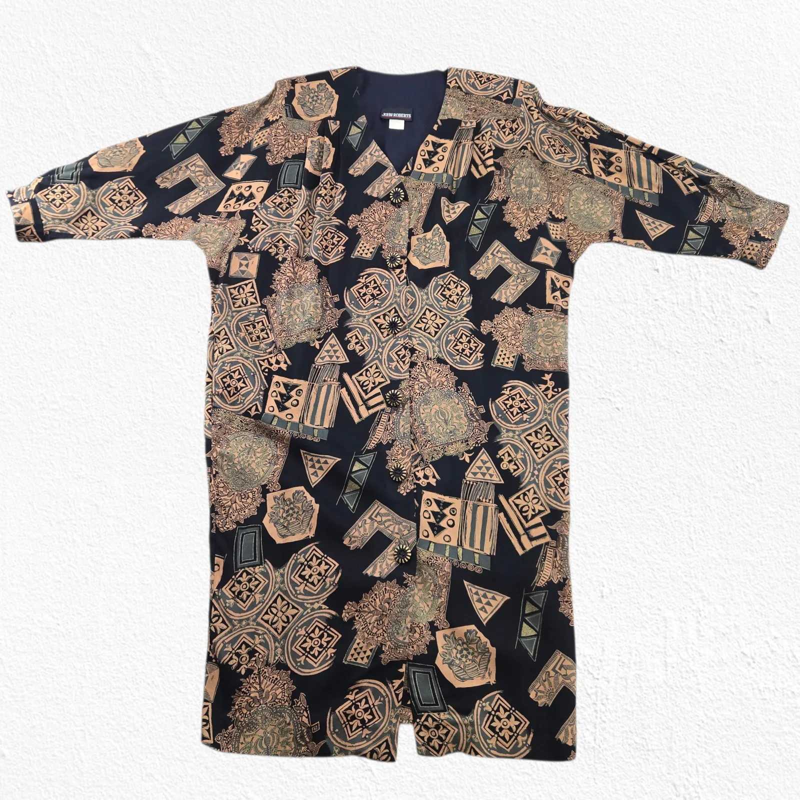 Vintage 1980s John Roberts Black Tan Oversized Abstract Print Dress Size Large - Image 2