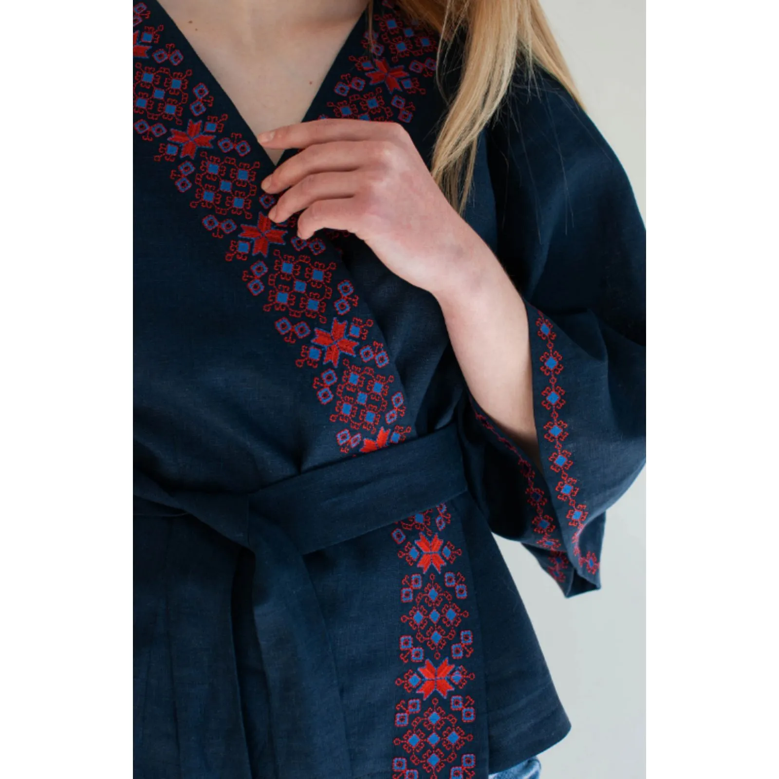 Etno Soul Blue Linen Embroidered Vyshyvanka Wrap Blouse Butterfly Sleeve No Belt Size undefined - Image 10