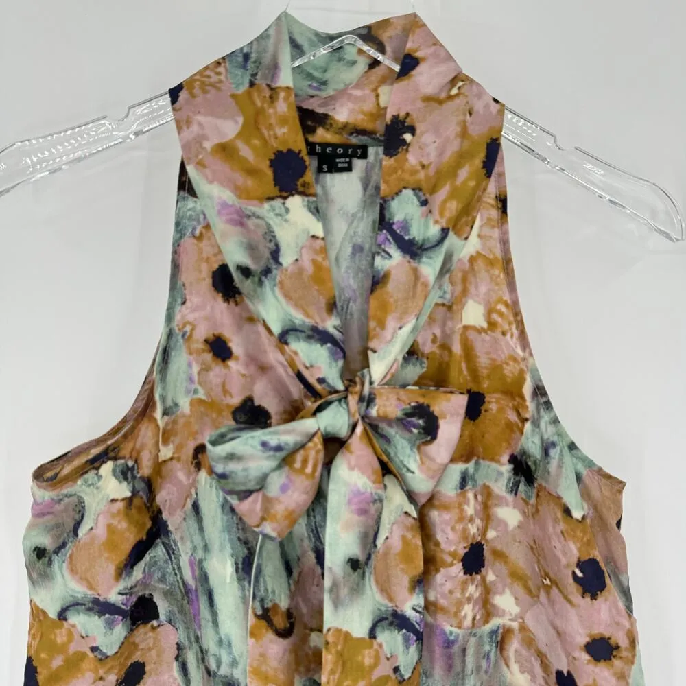 Theory blouse 100% silk watercolor floral sleeveless tie neck sash fairy small - Image 3