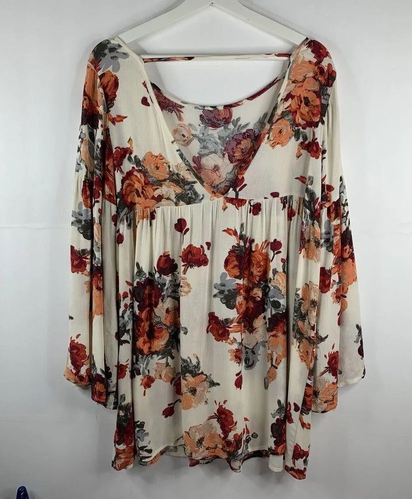 Audrey 3+1 Size S Floral Tunic Dress Long Bell Sleeve Scoop Neck Deep V Back - Image 4