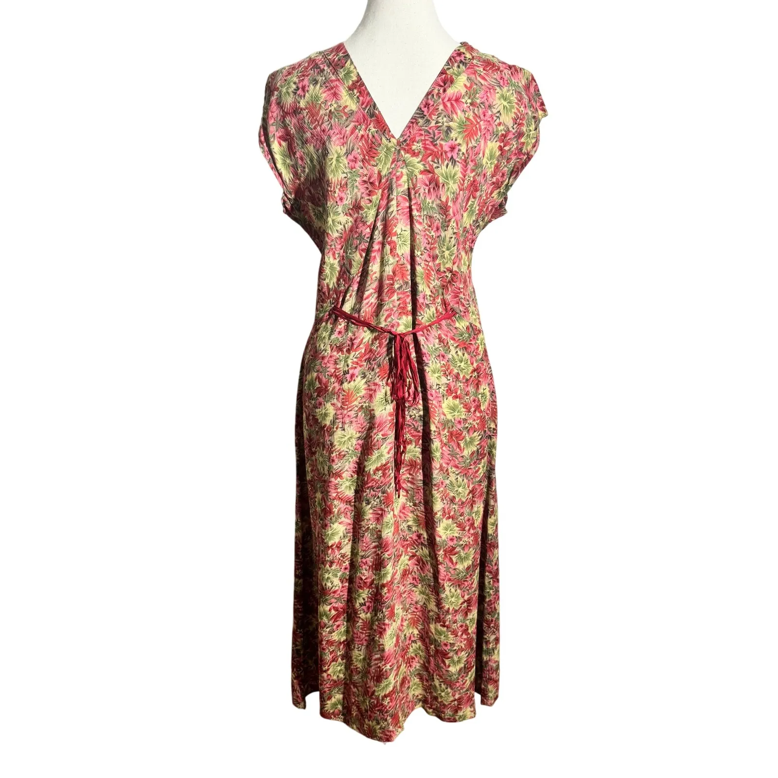 Vtg APRIL CORNELL Dress Women S Floral Beaded Midi Tie Back Boho Cottage Fairy Pink - Image 2