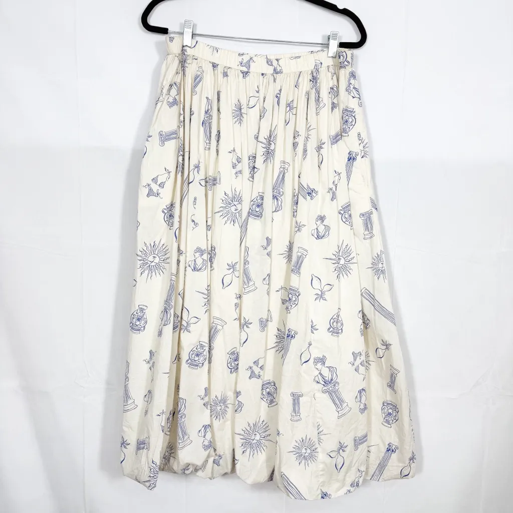 Lucky Brand Bubble Cotton Poplin Maxi Skirt Greece Travel Vacation Print Ecru - Image 3