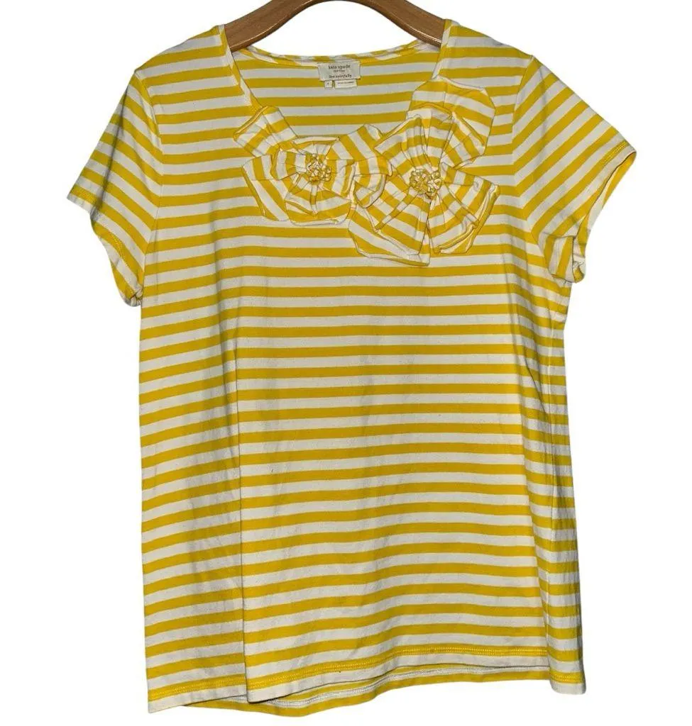 Kate Spade Women’s Size L Yellow White Striped Short Sleeve Flower Appliqué Top - Image 2