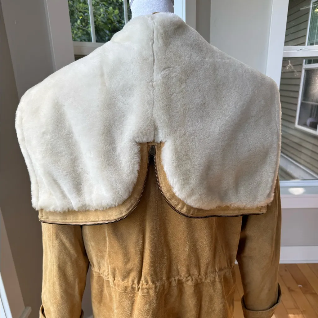 Vintage Wilson’s Tan Suede Leather Anorak Drawstring Jacket Faux Fur Hood Large - Image 5